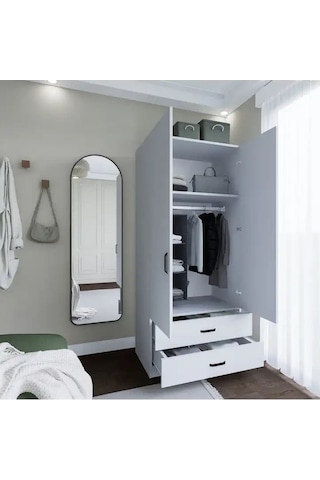 Yaman 80 Cm Mat Beyaz 2 Kapaklı 2 Çekmeceli Elbise Dolabı - Gardırop Beyaz