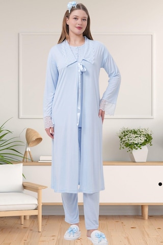 Mecit Pijama Mecit 1541 Mavi Uzun Sabahlıklı Lohusa Pijama Takımı