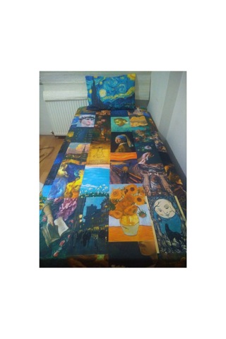 Van Gogh Sanat Eserleri Tasarım Tek Kişilik Yatak Örtüsü Ve Yastık Kılıfı Mavi Sarı Lacivert