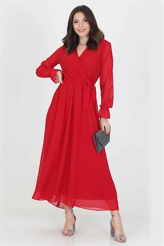 Neşeli Butik Kadın Yeni Sezon Astarlı Kruvaze Yaka Uzun Şifon Elbise Nb003 Kırmızı