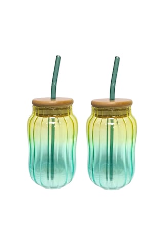 2'li Emerald Bambu Kapaklı Pipetli Cam Bardak Isıya Dayanıklı New Still Yesil