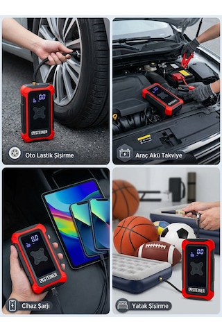 Steiner 16.000 Mah 4'ü 1 Arada 10 Bar Dijital Göstergeli Powerbank Led Fener Şarjlı Akü Takviye Cihazı Hava Kompresörü Kırmızı