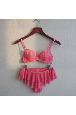 Bonbon Kadın Tül Transparan Balenli Sütyen, Checky Ve String Külotlu 3 Lü Paket Bb2622 Nar Çiçeği