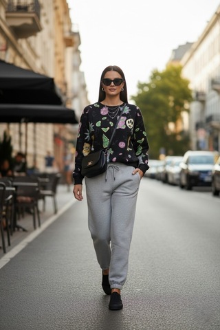 The Kadın Eğlenceli Baskılı %100 Pamuk 3 İplik Şardonsuz Sweatshirt - Bisiklet Yaka Basic Üst Siyah