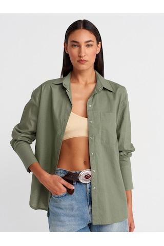 Dilvin 50497 Uzun Kollu Oversize Keten Gömlek-yeşil Yeşil