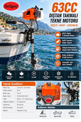 63cc 3 Hp 2 Zamanlı Dıştan Takmalı Benzinli Tekne Motoru