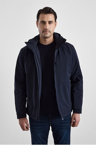 Süvari Lacivert Slim Klasik Yaka Düz Yan Cepli Fermuar Kapitone Rüzgar Geçirmez Mont Mn2008700505-m09