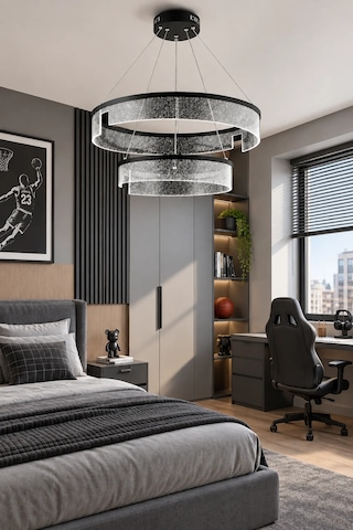 Modern Premium Cam Led Sarkıt Avize Siyah Çift Halkalı Dekoratif Salon Avizesi 48w