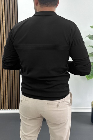 Edwox Erkek Slim Fit Çizgi Detaylı Polo Yaka Kazak Siyah Edw427 Siyah
