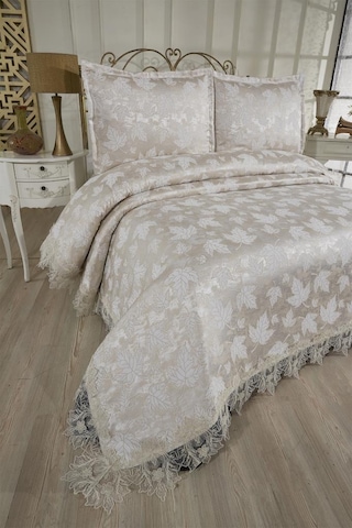Çeyiz Diyarı Fransız Dantelli Seravelle Çift Kişilik Yatak Örtüsü 230x250 Cm Bej