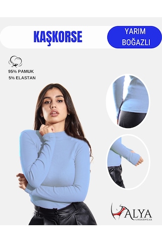Kaşkorse Yarım Boğaz Body Sweatshirt, Fitilli Kumaş, Likralı, Bordo Açık Mavi