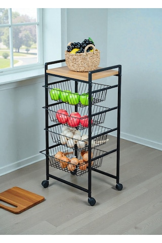 Dekoratif Tekerlekli Metal Sebzelik 4 Tel Sepetli Çam Ahşap Raflı Çok Amaçlı Stand Siyah