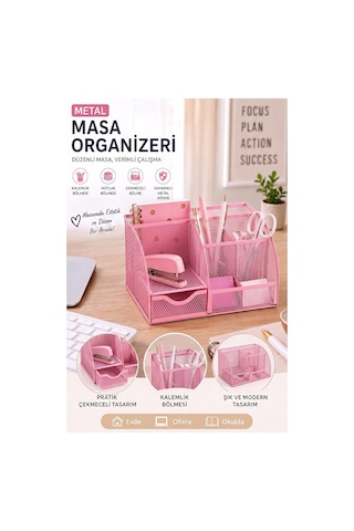 Pembe Masaüstü Metal Kalemlik Seti 7 Bölmeli Fileli Masa Üstü Düzenleyici Küp Notluk Ataşlık Çekmeceli Perfore Büro Açık Pembe