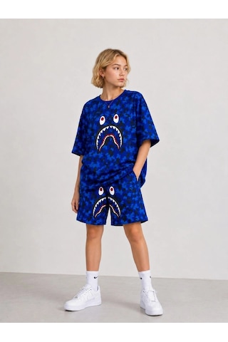 Wear Vexel Kız Çocuk Oversize Kalıp Pubg Bape X Shark Nakışlı Cepli Şort Takım - Mavi Çok Renkli