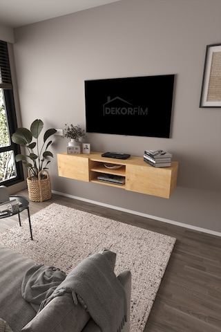 Df17102 Led Işıklı Duvara Monte Tv Ünitesi, 2 Kapaklı Dolaplı, Raflı 150 Cm Tv Alt Ünitesi Safir Meşe