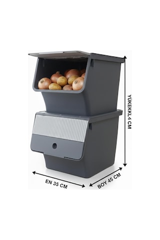 Füme 2'li 33 Lt Modubox Kayar Kapaklı Saklama Kabı & Patates Soğan Kovası & Erzak Kutusu Füme