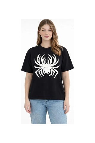 Defymoda Örümcek Baskılı Tişört Kısa Kollu Bisiklet Yaka T-shirt - Siyah