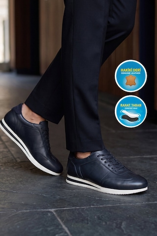 Komcero Kauçuk Tabanlı Bağcıklı Sneaker Lacivert Hakiki Deri Erkek Casual Ayakkabı Hz1003-7811