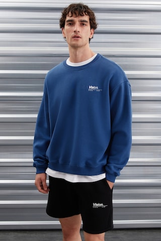 Grımelange Ernest Erkek Yumuşacık Kumaşlı Oversize Fit Yuvarlak Yakalı Baskılı Mavi Sweatshirt