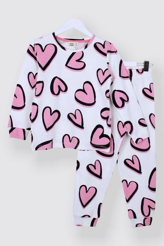 Zuzunga Kalp Desenli Fitilli İnterlok Kumaş %100 Pamuk Kız Çocuk Pijama Takımı Beyaz
