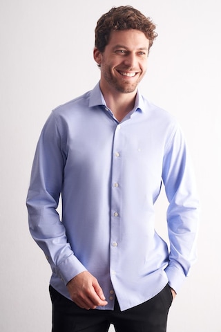 İmza Mavi Yarım İtalyan Yaka Uzun Kol Premium Slim Fit %100 Pamuk Gömlek 1004255194 Mavi