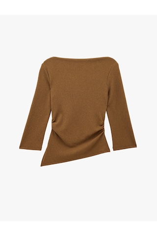 Koton Krep Kumaş Slim Fit Drape Detaylı Asimetrik Kesim Yuvarlak Kayık Yaka Tişört Kahverengi 6sak50359ek Kahve