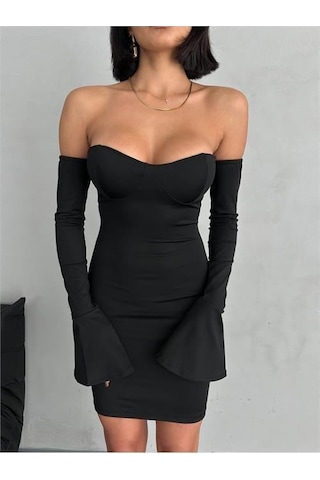 Dip Moda Kadın Siyah Volanlı Mini Kol Fırfırlı Elbise Dpnbdf094 Siyah