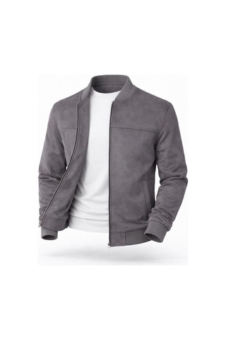 Premium Slim Fit Bomber Kolej Deri Ceket Gri