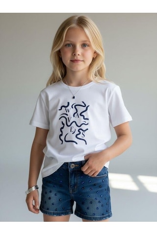 Zekids Kız Çocuk Soyut Baskılı Basic T-shirt-16972 Renkli