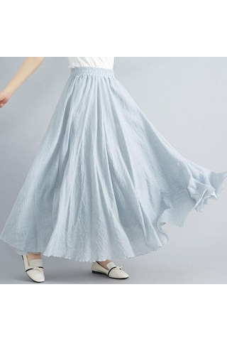 Yaz Sonbahar Kadın Etek Edebi Büyük Boy Pamuk Keten Yarım Etek Elastik Bel Keten A-line Etek Uzun Bölüm Saf Renk Rüzgar Salıncak Etek Açık Gri