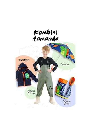 Denokids Erkek Çocuk İnşaat Araçları Desenli Haki Su Geçirmez Ayarlanabilir Askılı Yağmur Tulumu 3-8 Yaş