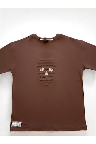 Carinos Çocuk Pamuklu Oversize Kuru Kafa Desenli Tshirt-14618 Kahverengi