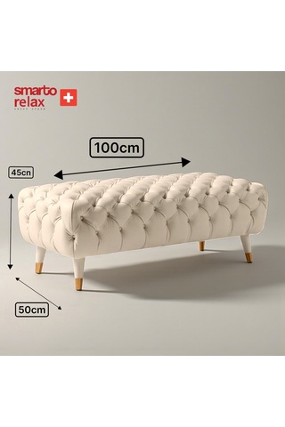 Smarto Relax Swiss Style Puf Adelboden Kapitone Puf,baby Face Polyester Kaplama,ahşap Ayaklı 100 X 50 X45 Cm Kapitone Puf,ayaklı Bej