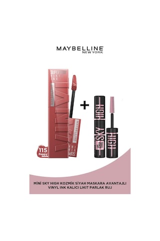 Maybelline New York Super Stay Vinyl Ink Uzun Süre Kalıcı Likit Parlak Ruj 115 Peppy + Mini Sky High Cosmic Black Maskara