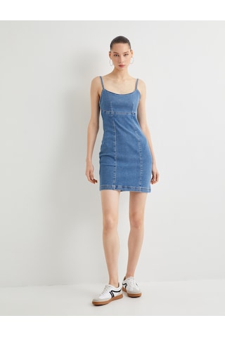 Koton Askılı Mini Kot Elbise Pamuklu Slim Fit U Yaka Orta İndigo 4sal80004md