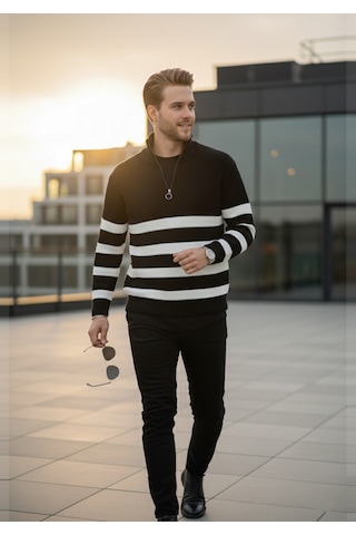 Deepsea Erkek Siyah Yarım Fermuarlı Oversize Kesim Triko Kazak Pamuklu Yumuşak Örgü Çizgili Kazak 2608513 Siyah