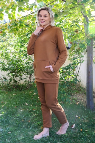İbrahim Burak Etiler Collectıon Moda Çizgi Kadın Pamuk Kapşonlu Cepli 3 İplik Kahve Eşofman Takım 9037