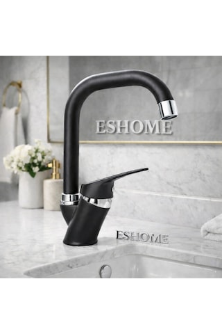 Köşe Borulu Siyah Banyo Lavabo Bataryası Musluğu Siyah