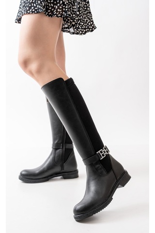 Asmi Shoes Kadın Lora Tokalı Dalgıç Kumaş Düz Taban Çizme Siyah Siyah