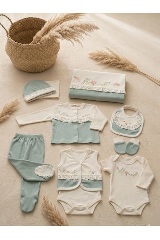 Nakışlı %100 Pamuk Unisex Bebek Hastane Çıkışı 10 Lu Set 0 1 Yaş Mavi