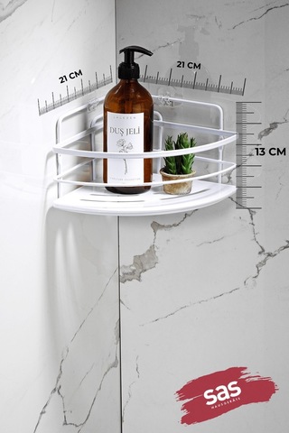 2’li Kancalı Yapışkanlı Banyo Duş Köşe Rafı – Ayarlanabilir Kristal Raf (Yapıştır/Vidala) Beyaz-Beyaz - LK-01 - BB