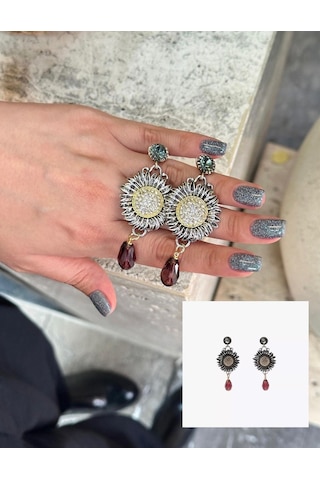 Marka Model Ayçiçeği Zirkon Taşlı Kadın Vintage Küpe Kadın Tasarım Küpe Gümüş