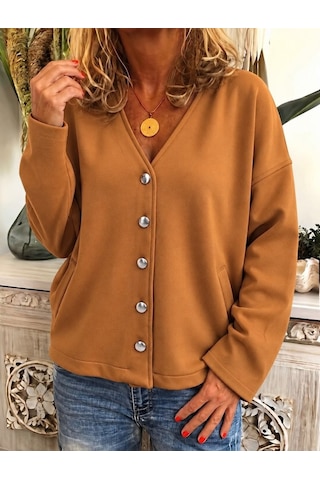 Suma Kadın V Yaka Düğme Detaylı Oversize Camel Ceket Hırka