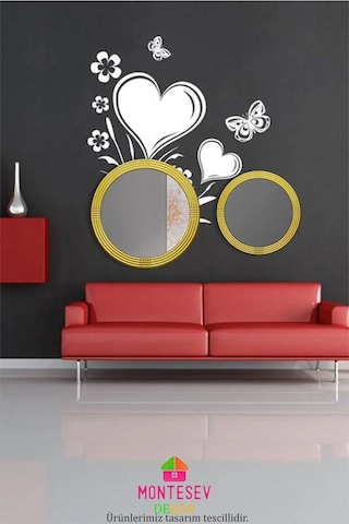 Safir Gold Dekoratif Ahşap İşlemeli Duvar Aynası İkili 56-43 Cm Altın