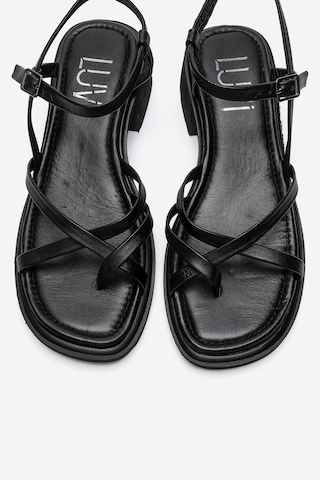 Luvi Shoes Cırelle Siyah Hakiki Deri Parmak Arası Kadın Kalın Topuklu Sandalet