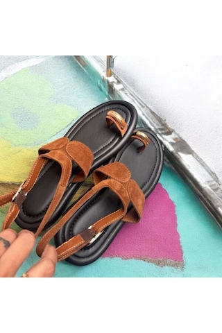 Ne&ve Shoes Taba Hakiki Süet Bilekten Bantlı Tokalı Parmak Arası Kadın Rahat Sandalet
