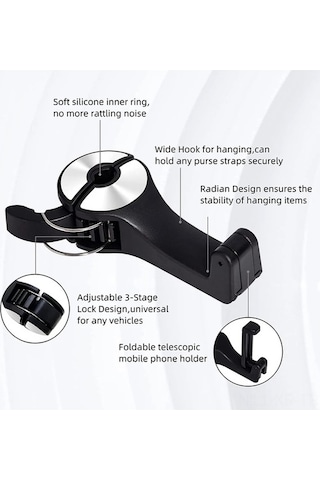 Moly Çift Amaçlı Araç Koltuk Başlığı Gizli Kancalı Telefon Tutucu, Otomatik Sıkıştırmalı, 360 Dönebilir, 4 Renk