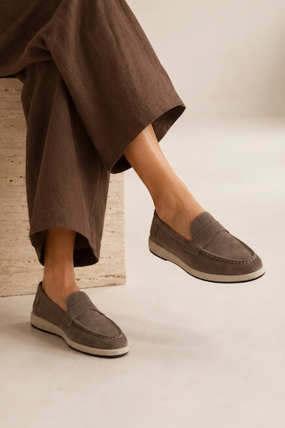 Sovenso Suede Hakiki Deri Gri Süet Loafer