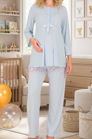 Quilling Lady Bebe Mavi Renkli, Dantel Detaylı 33209 Uzun Kol, 2 Parça Lohusa Hamile Pijama Takımı Açık Mavi M - L