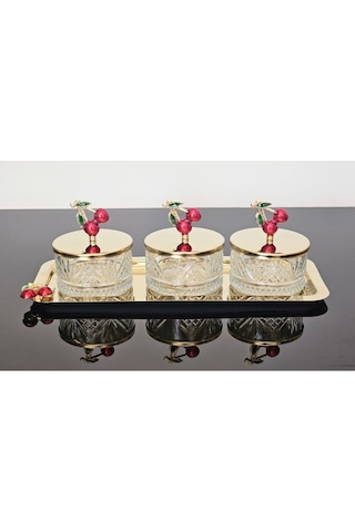 Atabey Home Collection 3'lü Kirazli Gold Tepsili Kase Seti & Şekerlik & Sunumluk & Çerezlik
